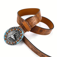 Vintage Western Cowboy Leather Belt with Cow Head Large Buckle