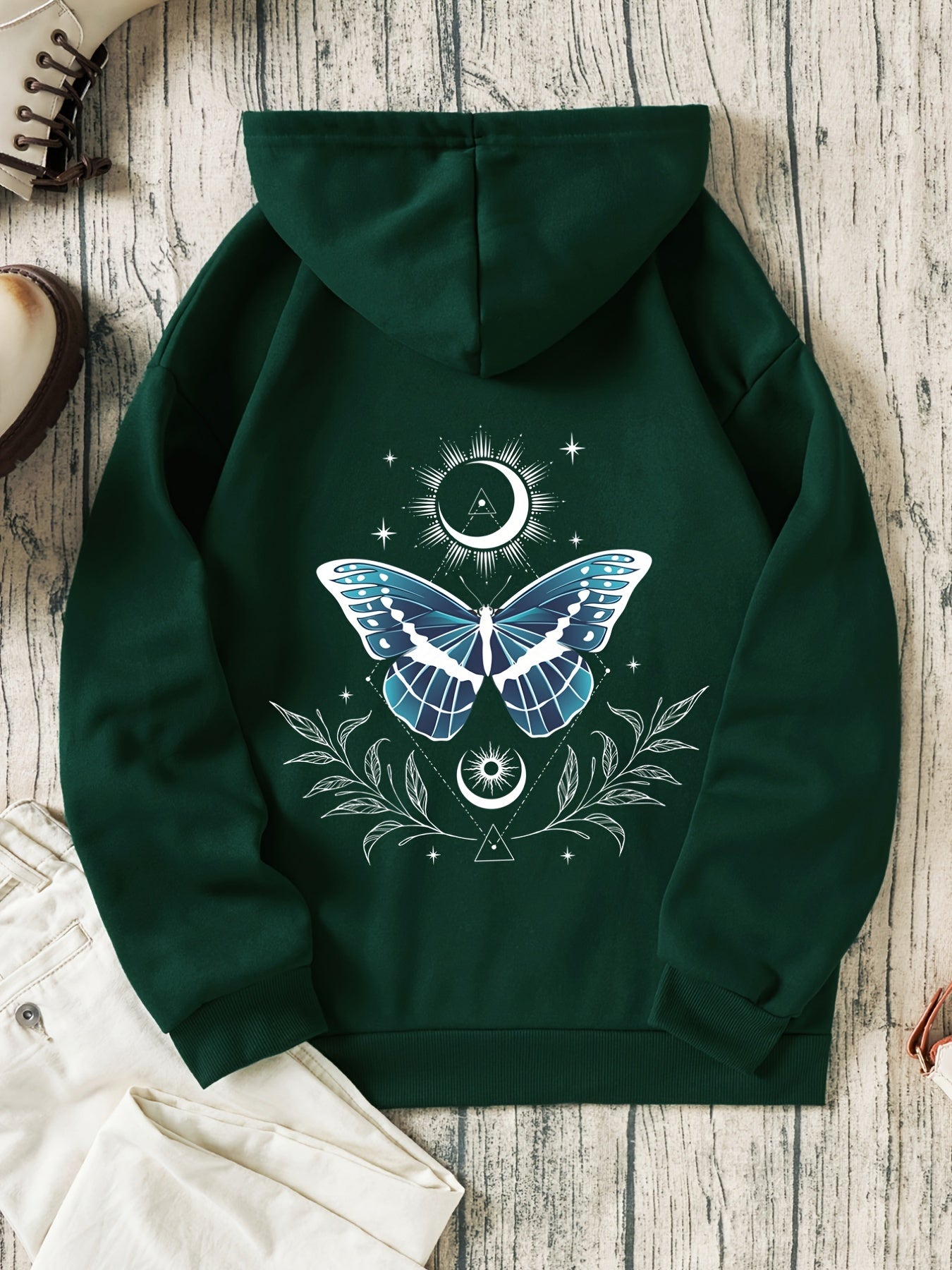Sun & Moon & Flower Print Hooded Shirt