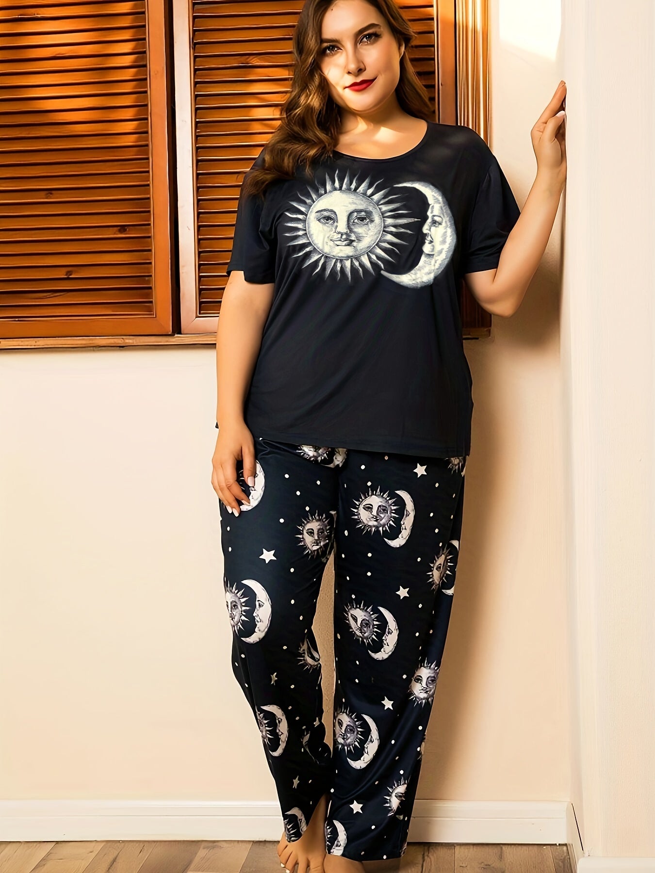 Sun & Moon Print Loungewear Set Short Sleeve T shirt & Pants