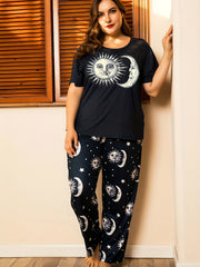 Sun & Moon Print Loungewear Set Short Sleeve T shirt & Pants