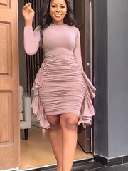 Solid Long Sleeve Ruffle Trim Dress