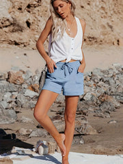 Women's Plus Solid Mid Waist Drawstring Comfy Shorts With Pockets