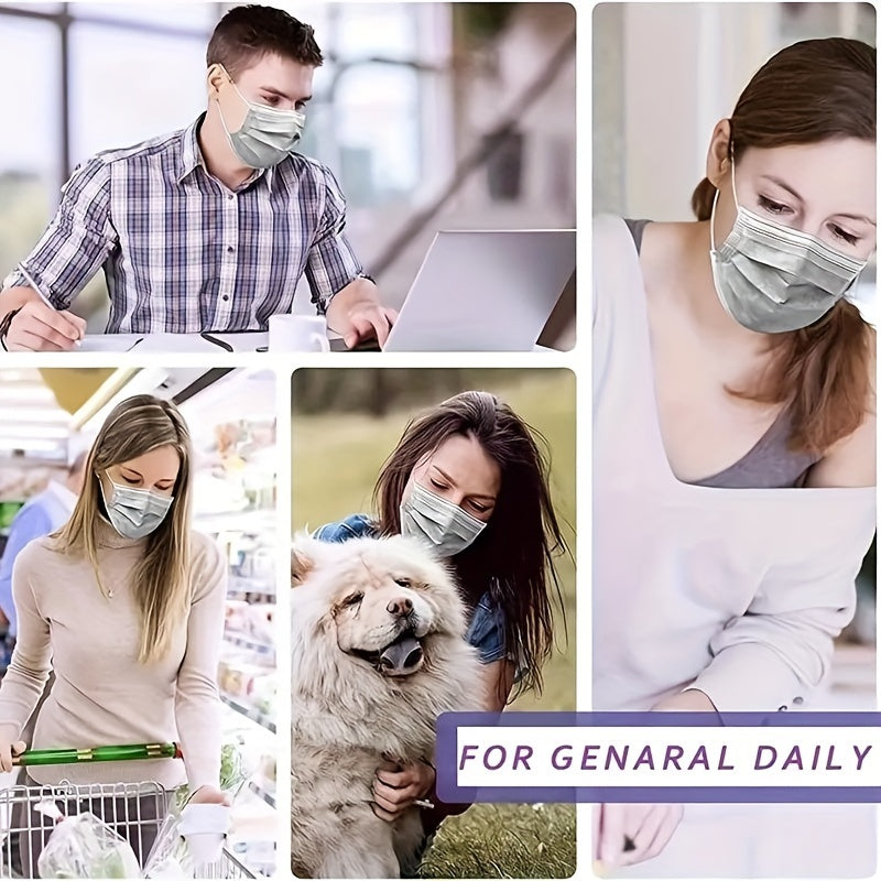 100pcs Grey Disposable Face Masks 3 Ply Nose Mouth Cover Elastic Ear Loop