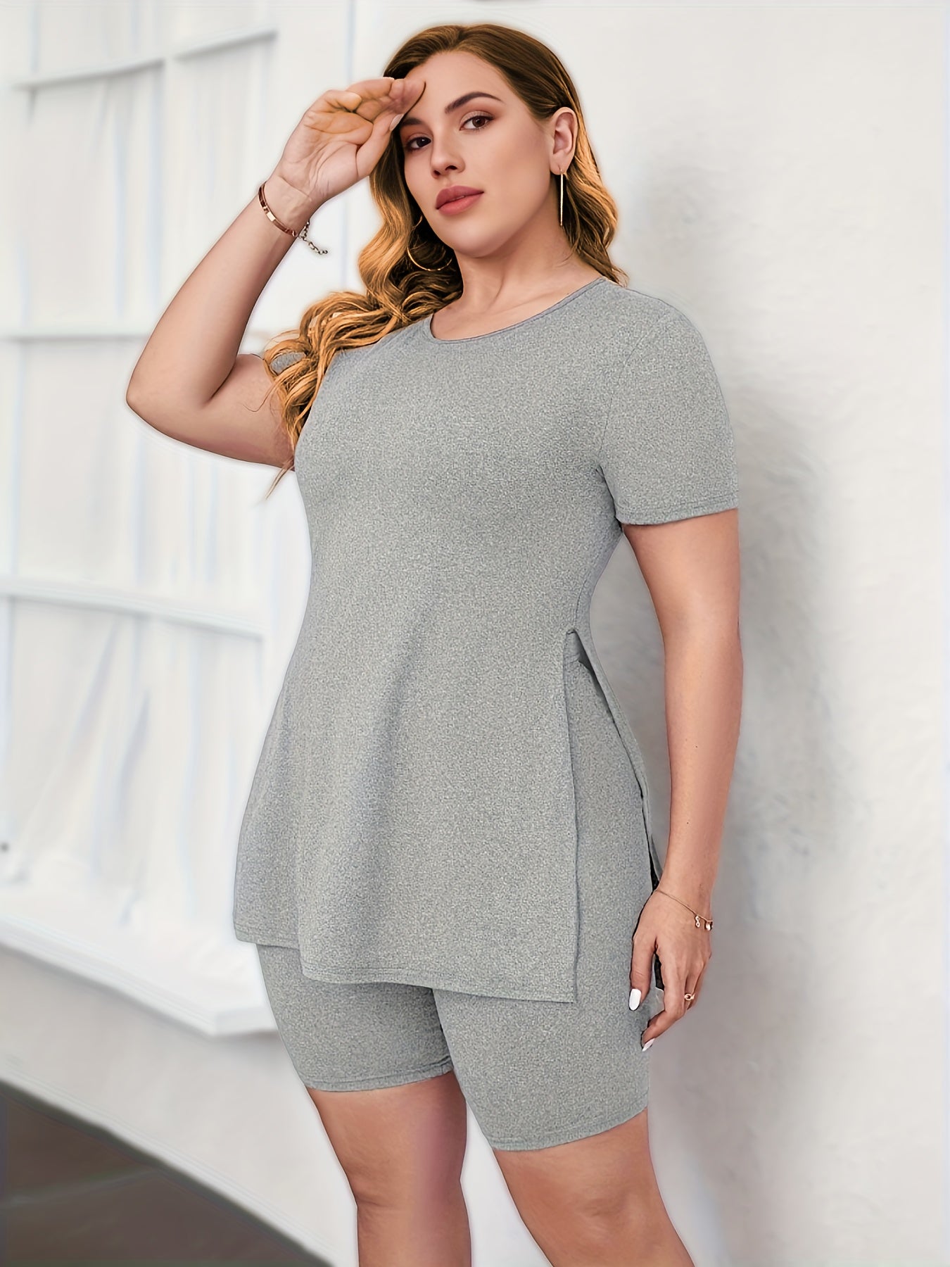 Solid Top & Biker Shorts Outfit Set
