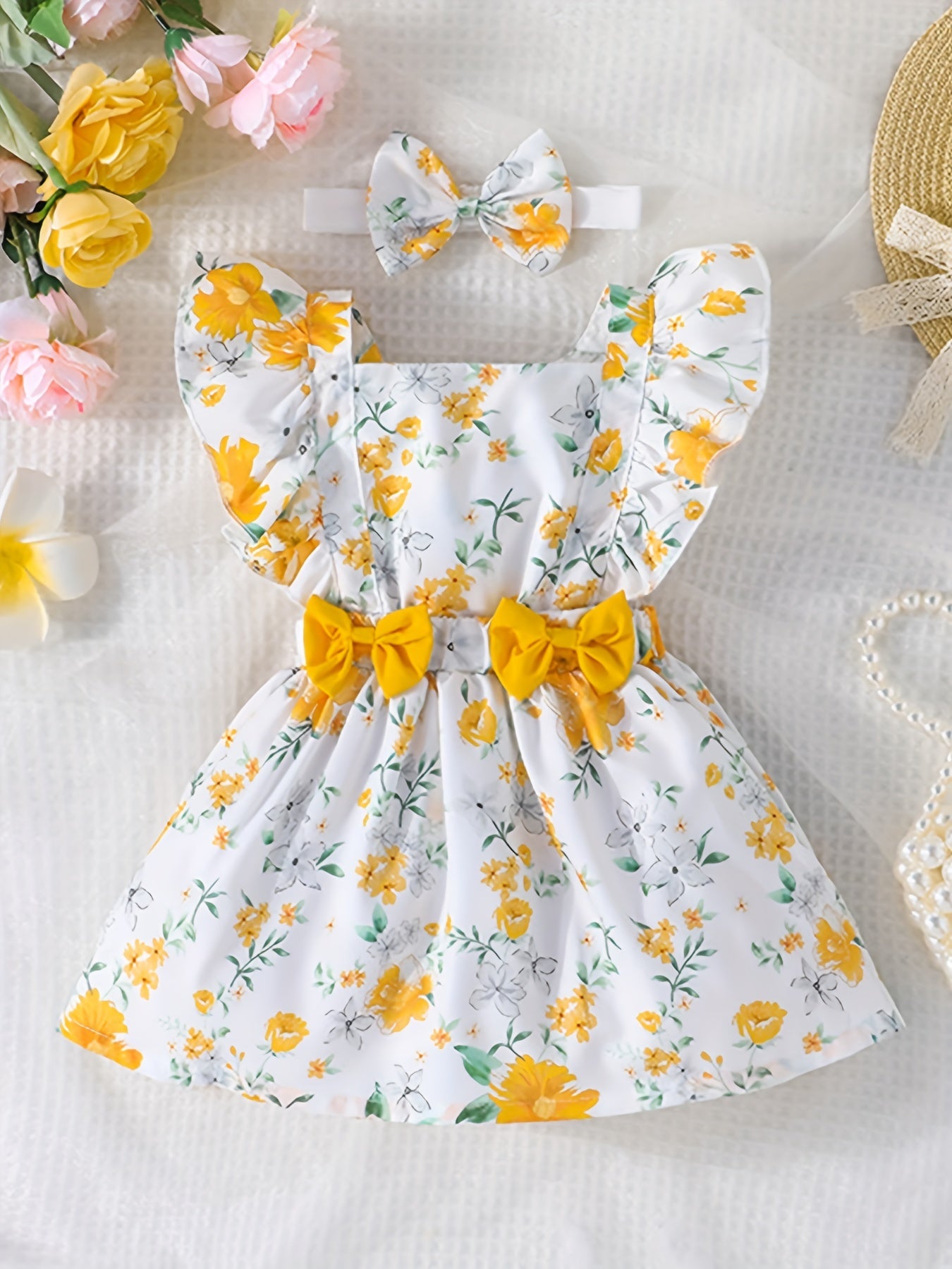 2pcs Baby Girls Floral Dress & Headband Set Clothes