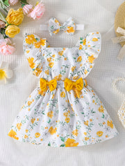 2pcs Baby Girls Floral Dress & Headband Set Clothes