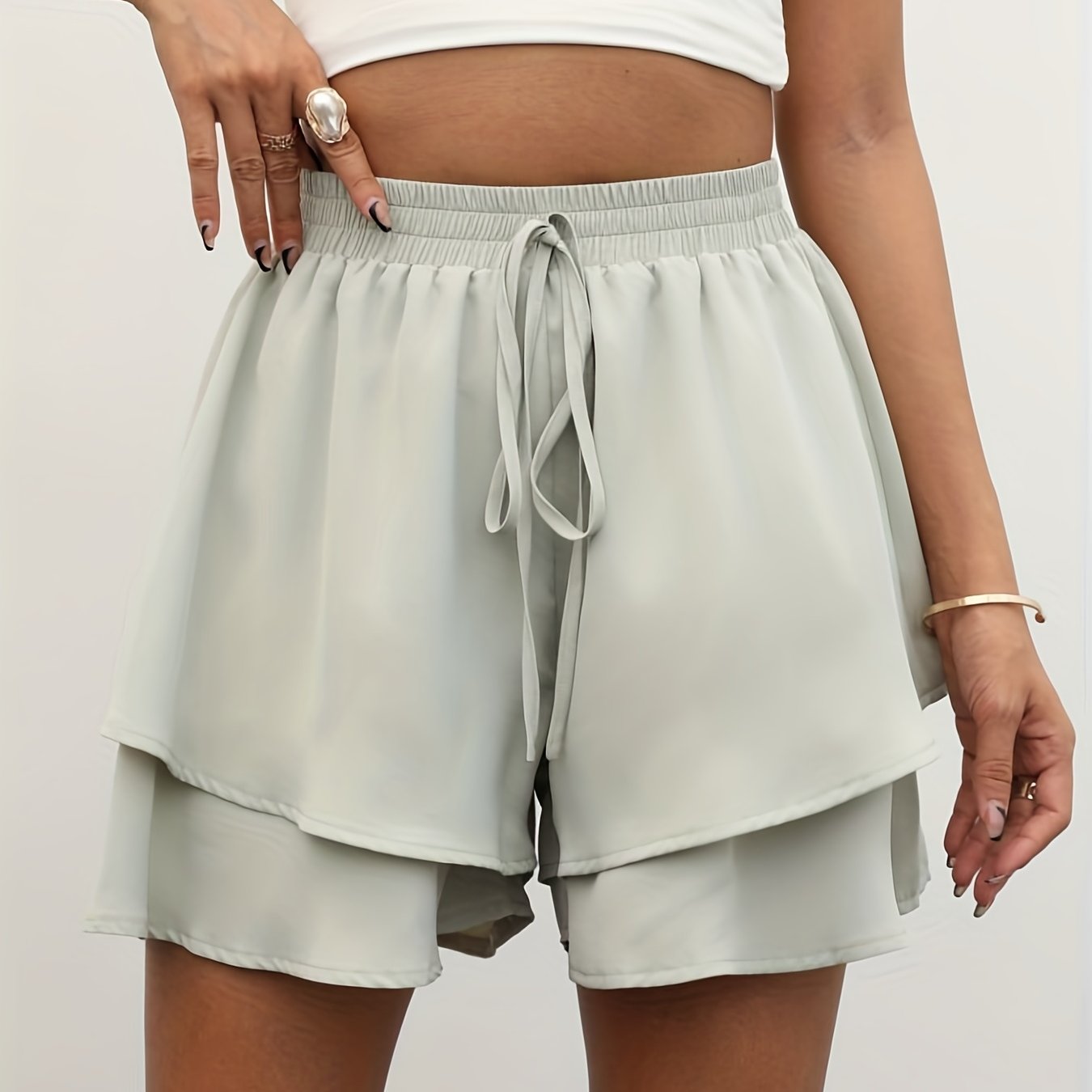 Layered Drawstring Shorts Elastic Waist Women's Clothing