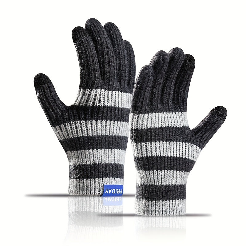 Knitted Gloves with Velvet Lining Touch Screen Winter Warm Double Layer