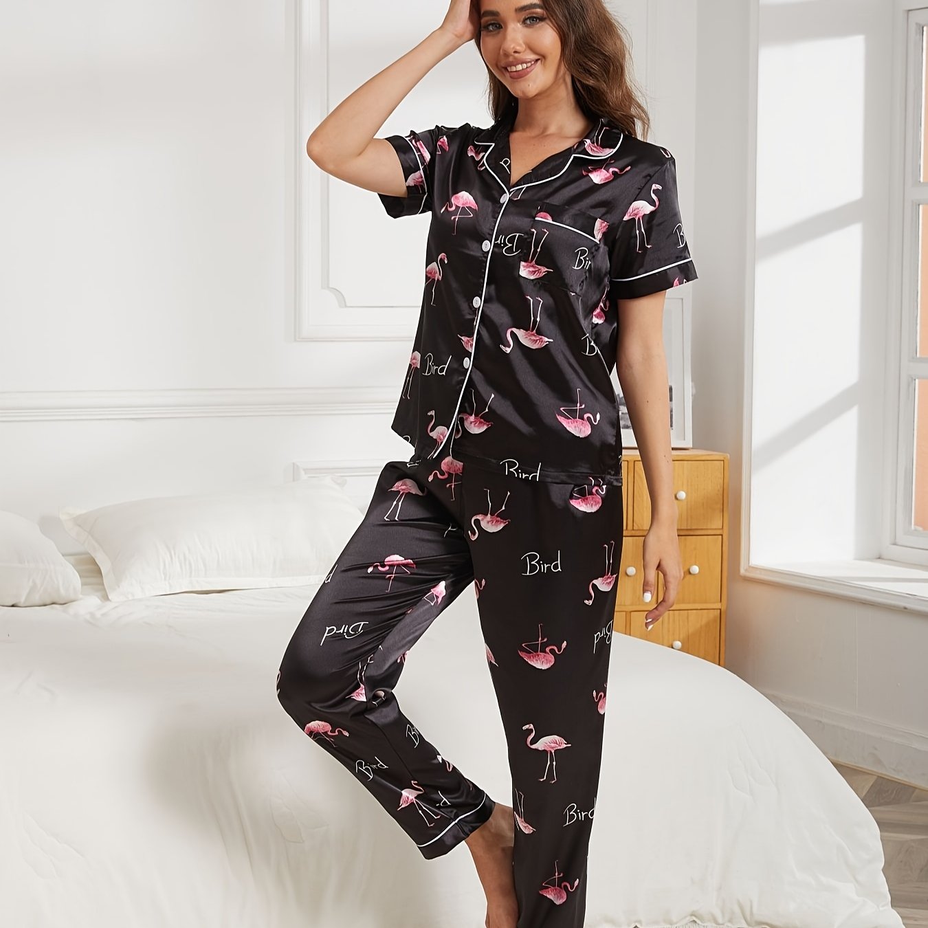 Flamingo Print Pajama Set Short Sleeve Top & Pants