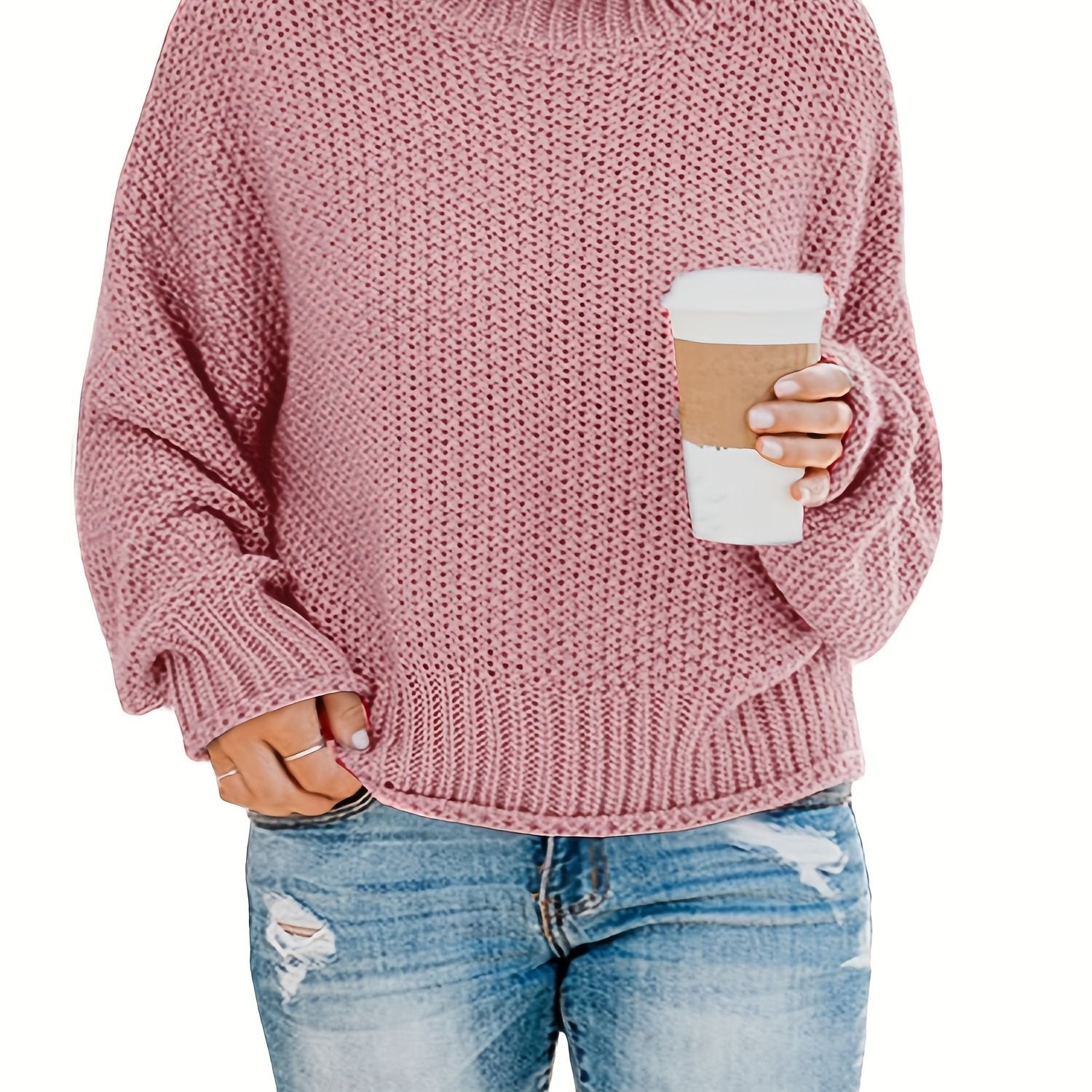 Casual Sweater Women's Solid Knitted Long Sleeve Mock Neck Pullover