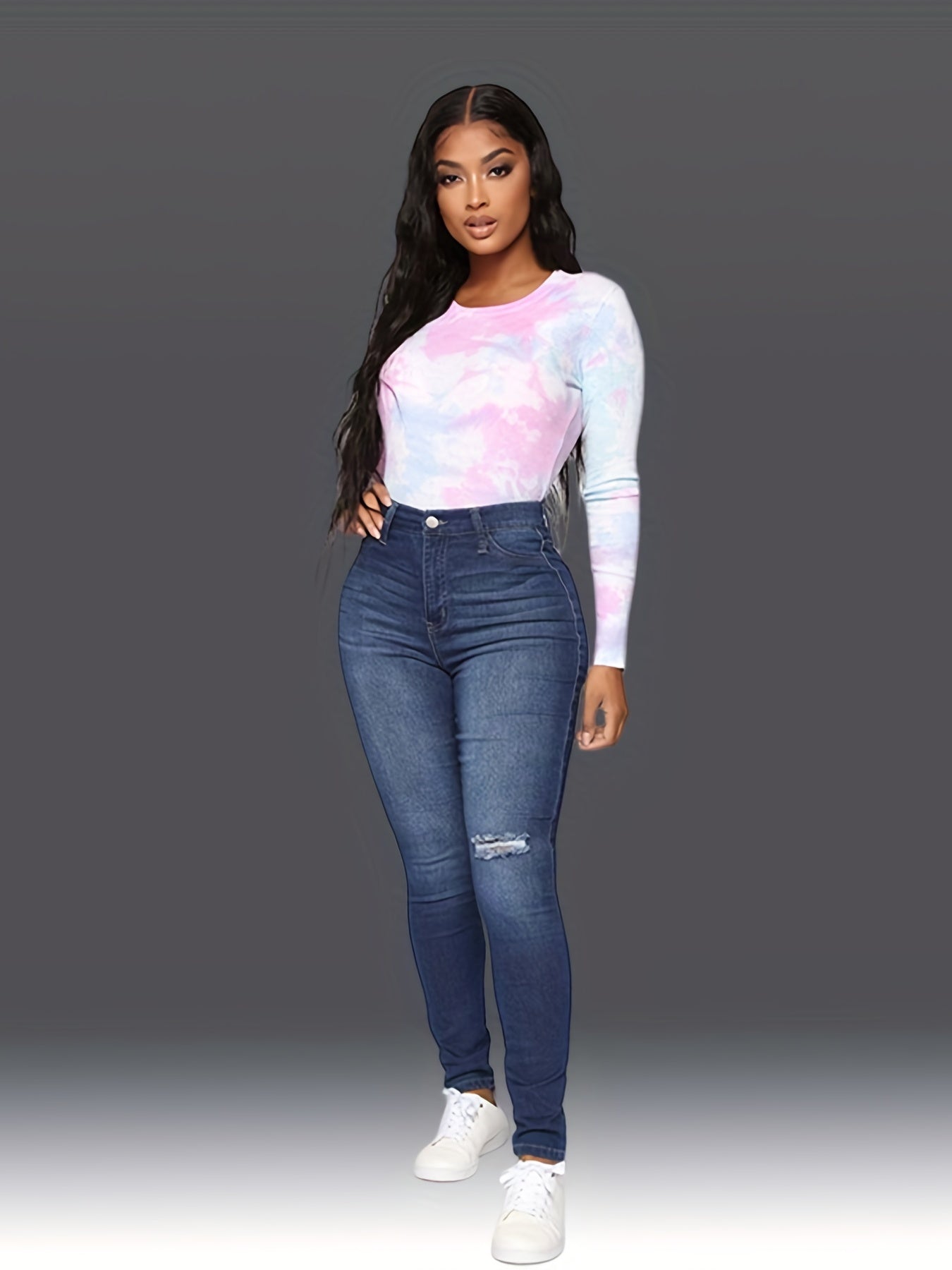 Navy Ripped Holes Skinny Jeans Slim Fit High Stretch Curvy Denim Pants