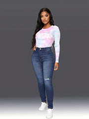 Navy Ripped Holes Skinny Jeans Slim Fit High Stretch Curvy Denim Pants
