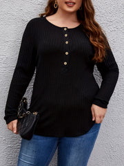 Casual Sweater Solid Button Decor Long Sleeve Crew Neck Top