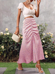 Floral Print Casual Ruched Long Skirt for Women