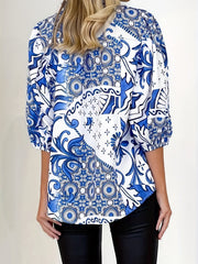 Plus Size Chinoiserie Print Long Sleeve Blouse