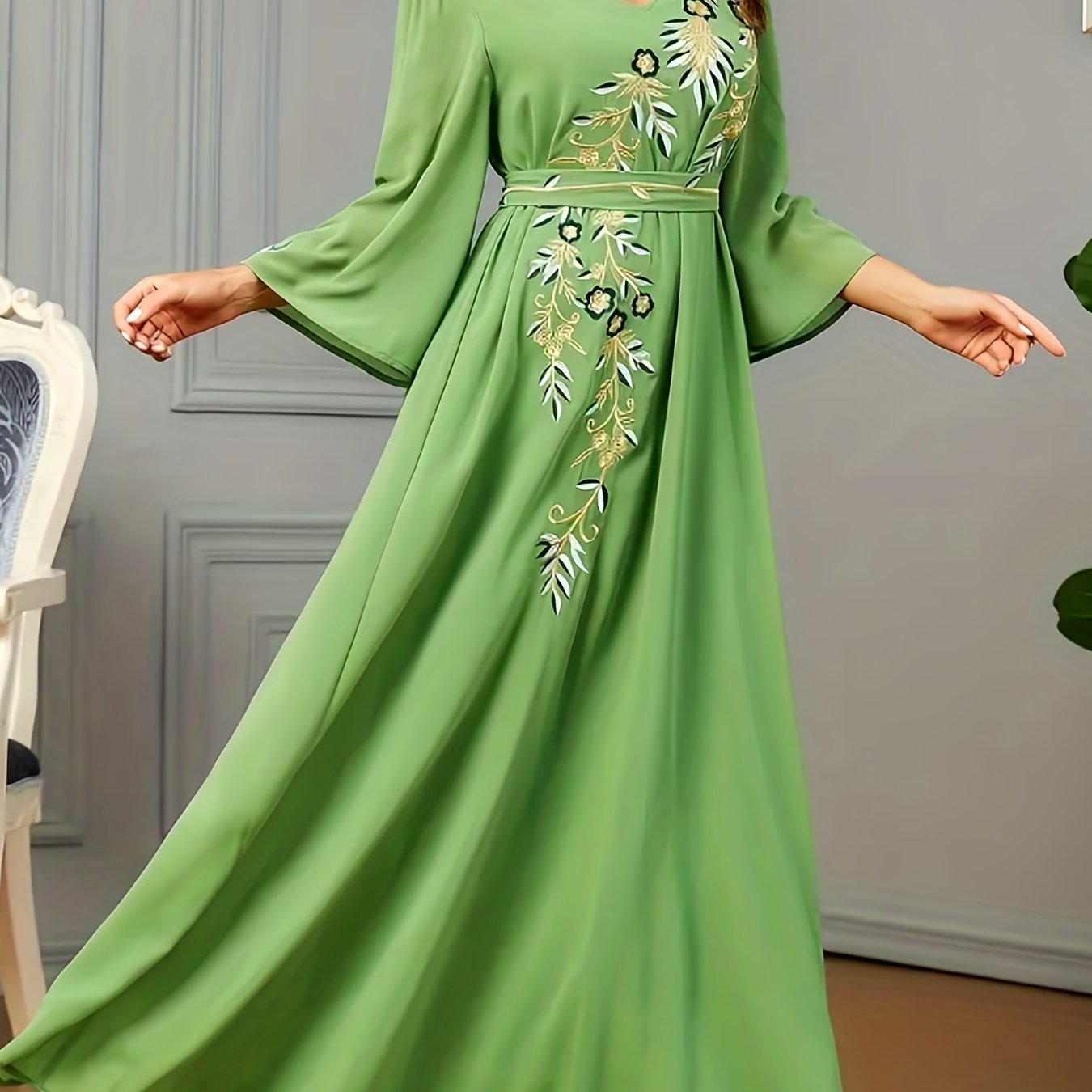 Floral Embroidery V Neck Maxi Jalabiya Dress