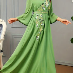 Floral Embroidery V Neck Maxi Jalabiya Dress