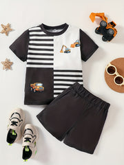Boy's 2pcs Cartoon Truck Excavator T shirt & Shorts Set Summer Outfits