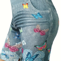 Butterfly Print Short Length Leggings High Waist Slim Summer Leggings