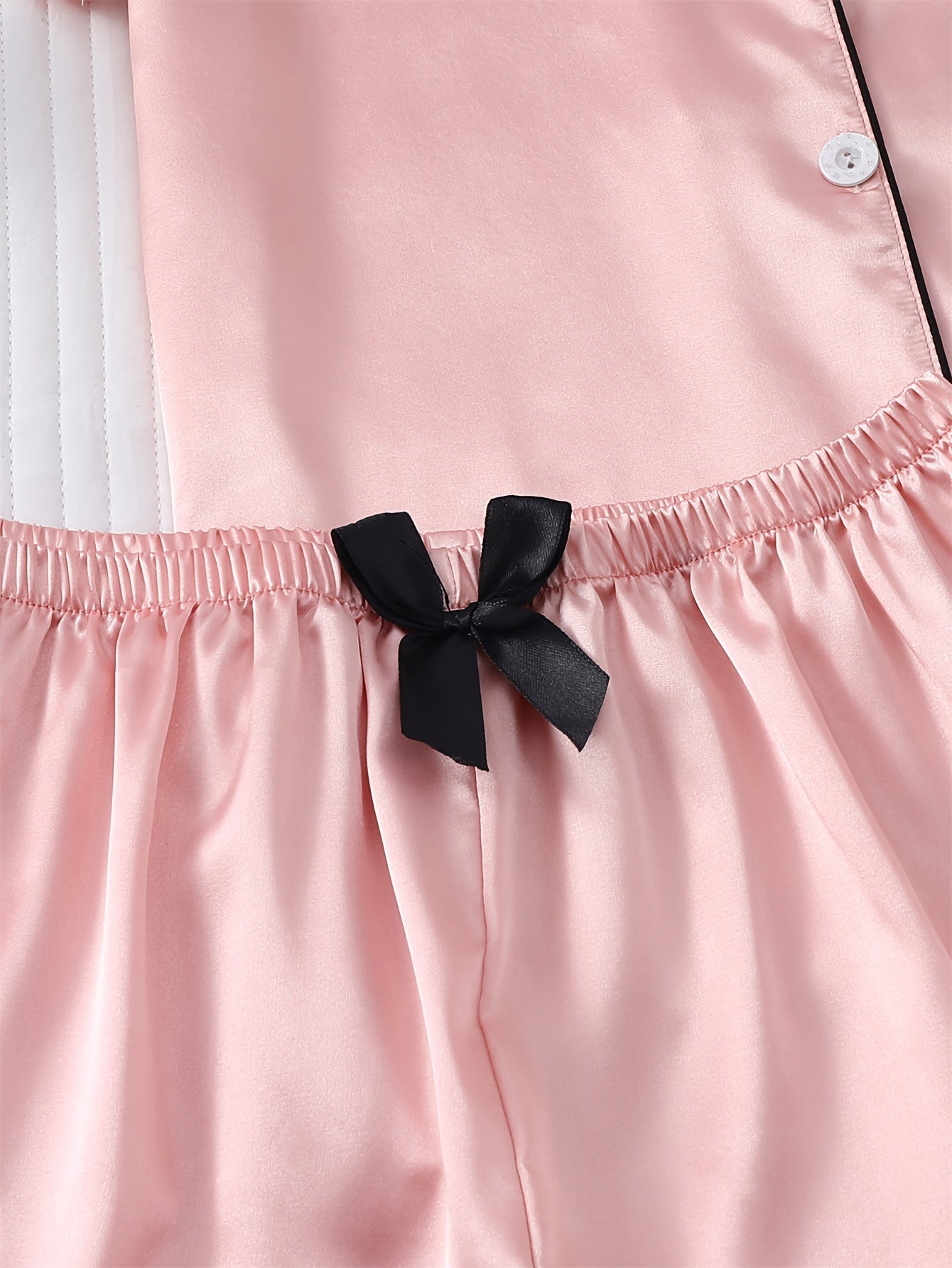 Solid Satin Pajamas Set Short Sleeve Buttons Top & Bow Shorts