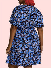 Rose Print Short Sleeve V Neck Dress
