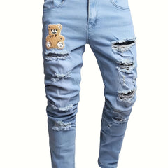Slim Fit Toy Bear Ripped Jeans Men's Casual Denim Pants