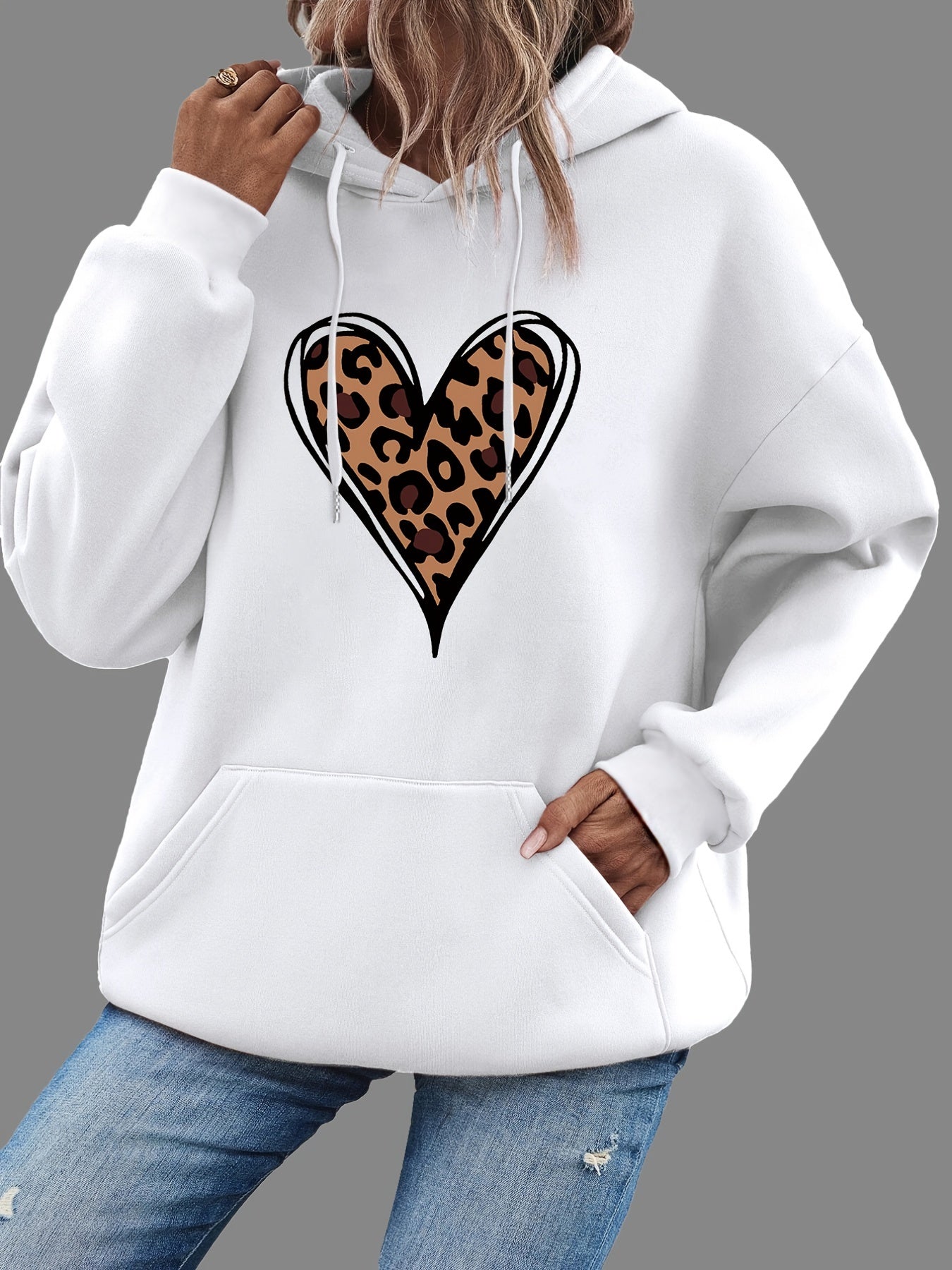Heart Print Kangaroo Pocket Hoodie Long Sleeve Hoodies Sweatshirt
