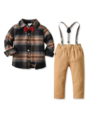 Baby Boys Gentleman Outfit Plaid Shirt & Suspender Pants Set