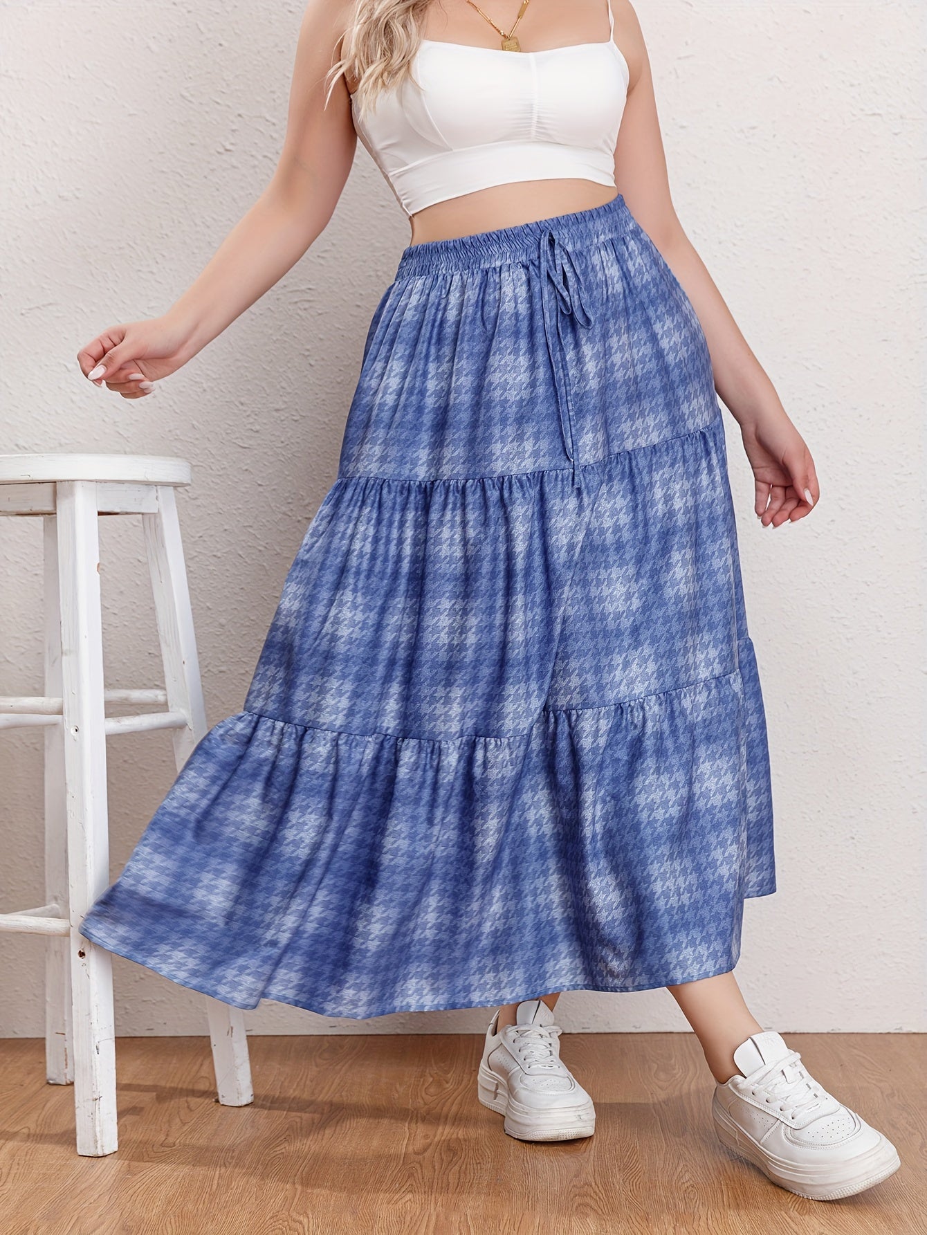 Ombre Houndstooth Print Maxi Skirt