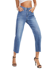 High Rise Straight Leg Jeans Loose Embossed Crotch Pocket Long Pants