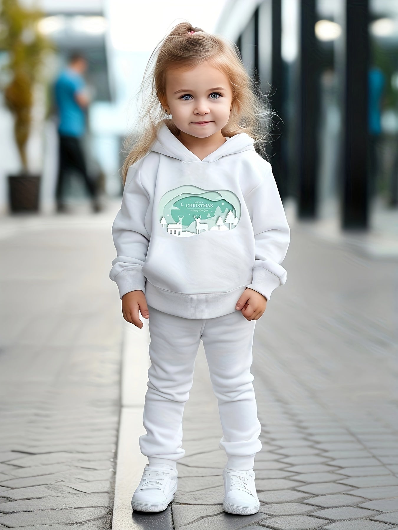 Girls 2pc Cartoon Christmas Scene Hooded Sweatshirt and Sweatpants Set