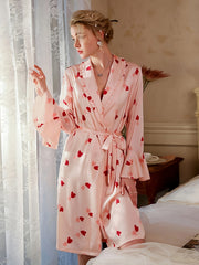 Heart Print Night Robe Ruffle Long Sleeve Lapel Neck Robe