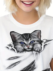 Creative Cat Graphic Short Sleeve T-shirt for Kids Summer Sports