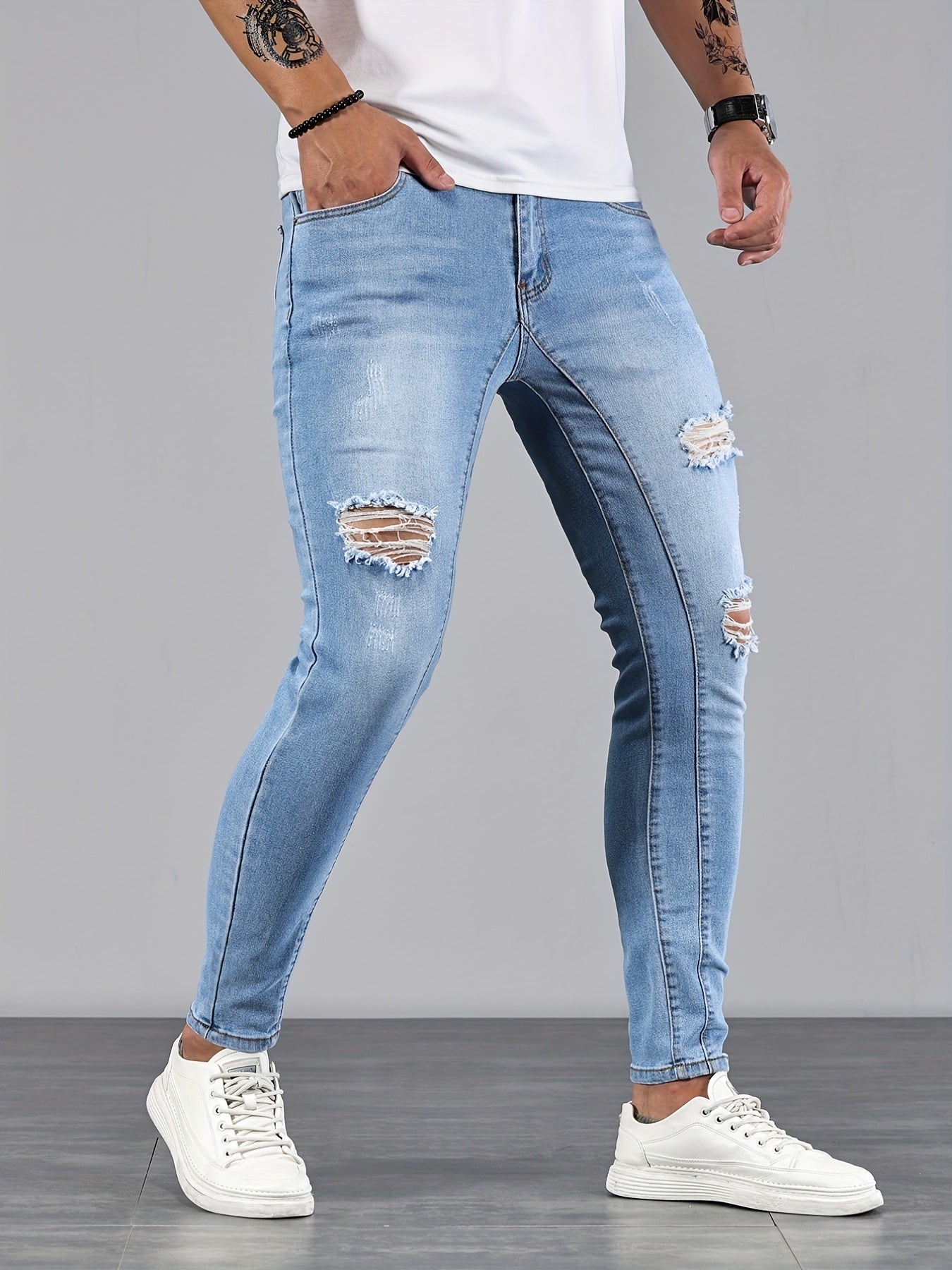 Men's Slim Fit Ripped Jeans Casual Street Style Distressed Denim Pants