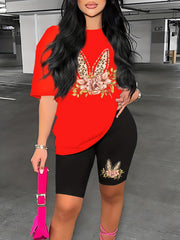 Graphic Print 2pc Set Short Sleeve Crew Neck T Shirt & Shorts Casual Outfit