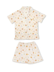 Cartoon Bear Print Lounge Set Short Sleeve Top & Shorts Women's Loungewear