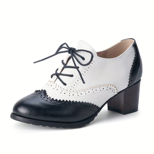 Women's Perforated Pumps Colorblock Lace Up Stacked Chunky Heels