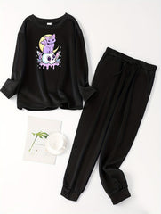Cat & Skull Print Fleece Lounge Set