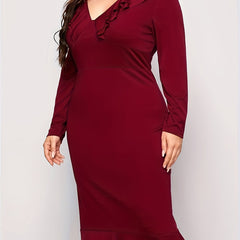 Solid Ruffle Trim V Neck Stretch Dress