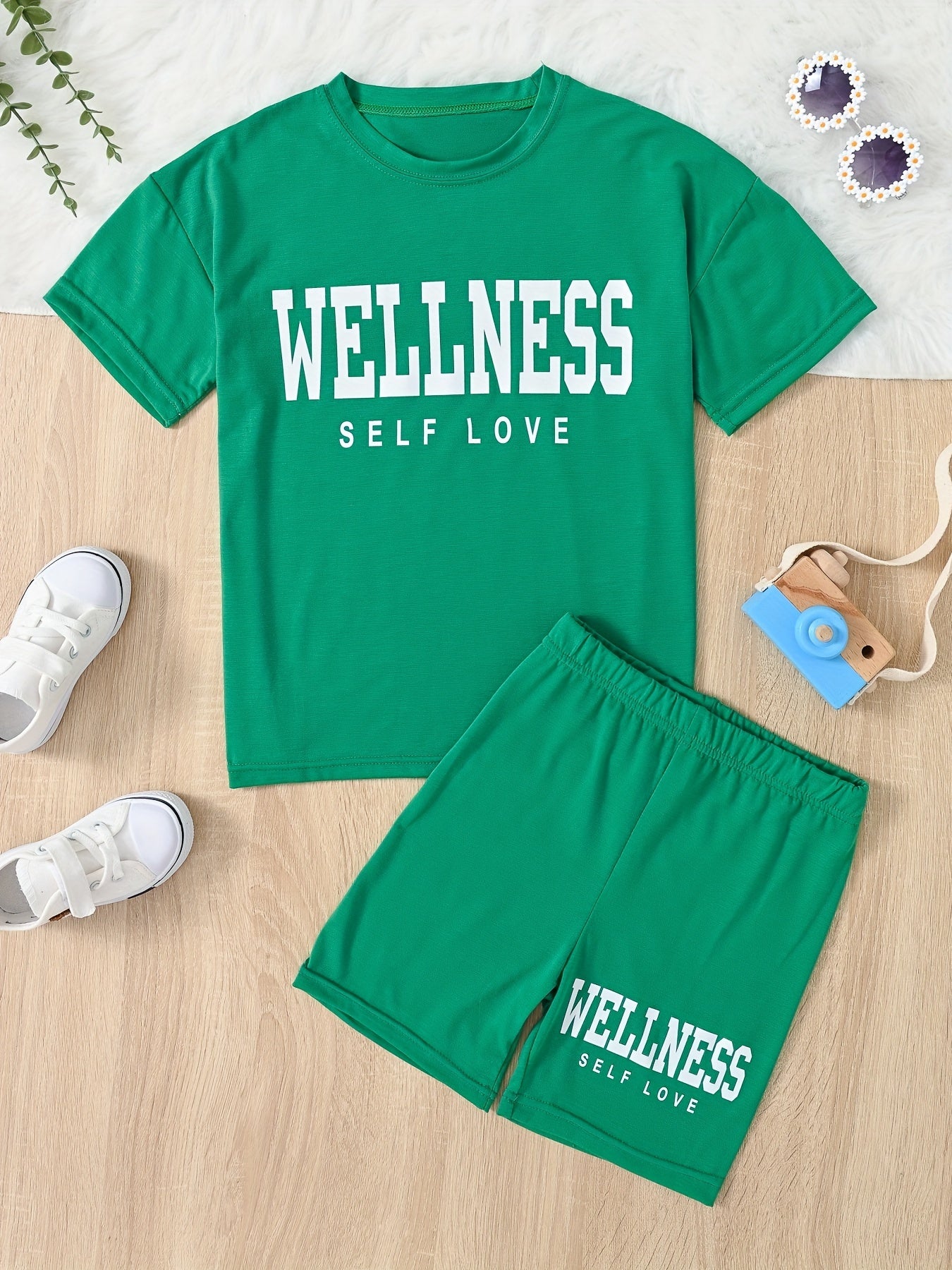 Girl's Casual Suit: Letter Print T-shirt & Bicycle Shorts