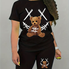 2pcs Bear Graphic Summer Sports Suit Loose Top & Shorts