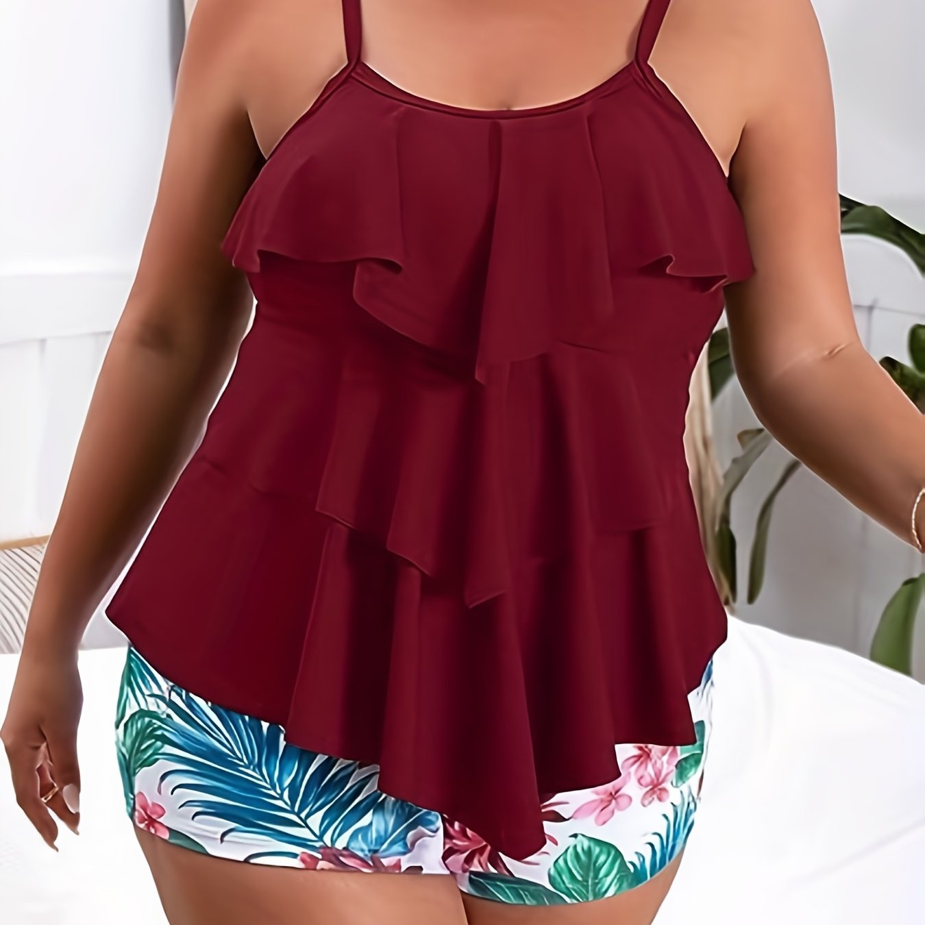 Sexy Tankini Set Ruffle Trim Cami Top & Tropical Print Shorts Swimsuit