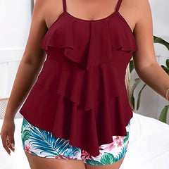 Sexy Tankini Set Ruffle Trim Cami Top & Tropical Print Shorts Swimsuit