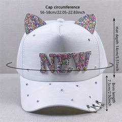 Y2K Baseball Cap Rhinestone Glitter Cat Ears Patch Dad Hats Kpop Sun Hat