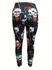 Rose Skull Print Sports Leggings Medium Stretch Fitness Leggings