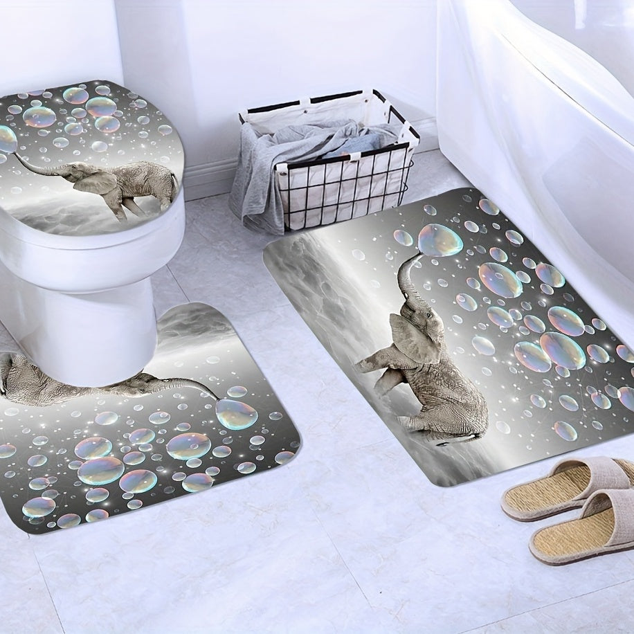 3pcs Elephant Bubble Print Shower Curtain Bathroom Mats Set
