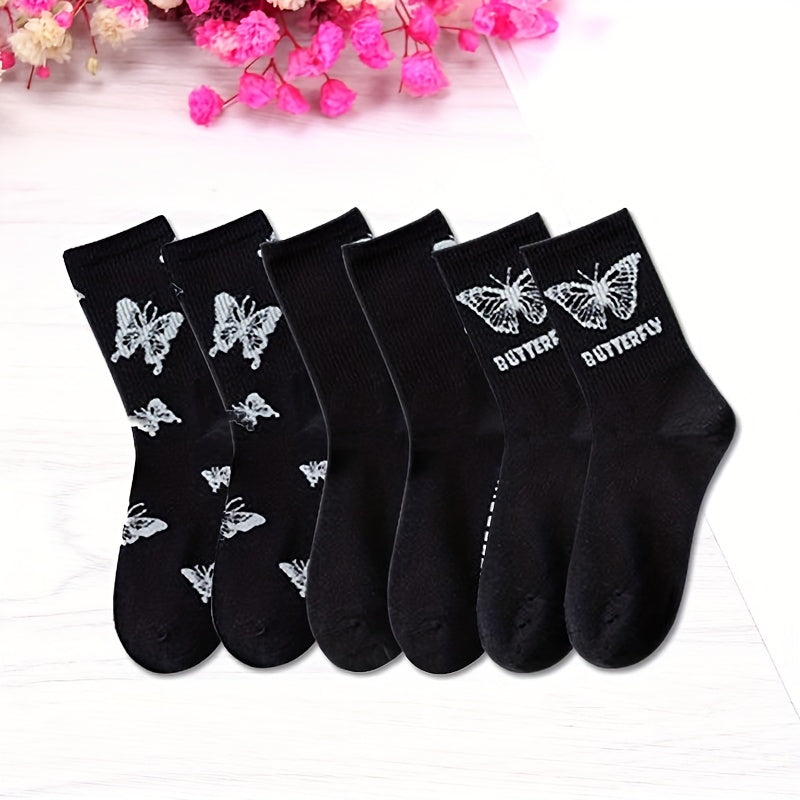 6 Pairs Butterfly Print Mid Tube Socks for Women