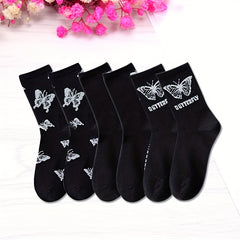 6 Pairs Butterfly Print Mid Tube Socks for Women
