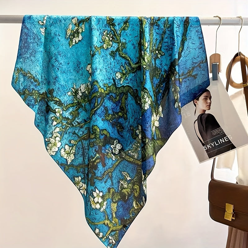 Branch Print Shawl Oil Painting Bandana Silk Square Scarf Head Wrap