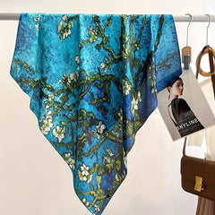 Branch Print Shawl Oil Painting Bandana Silk Square Scarf Head Wrap